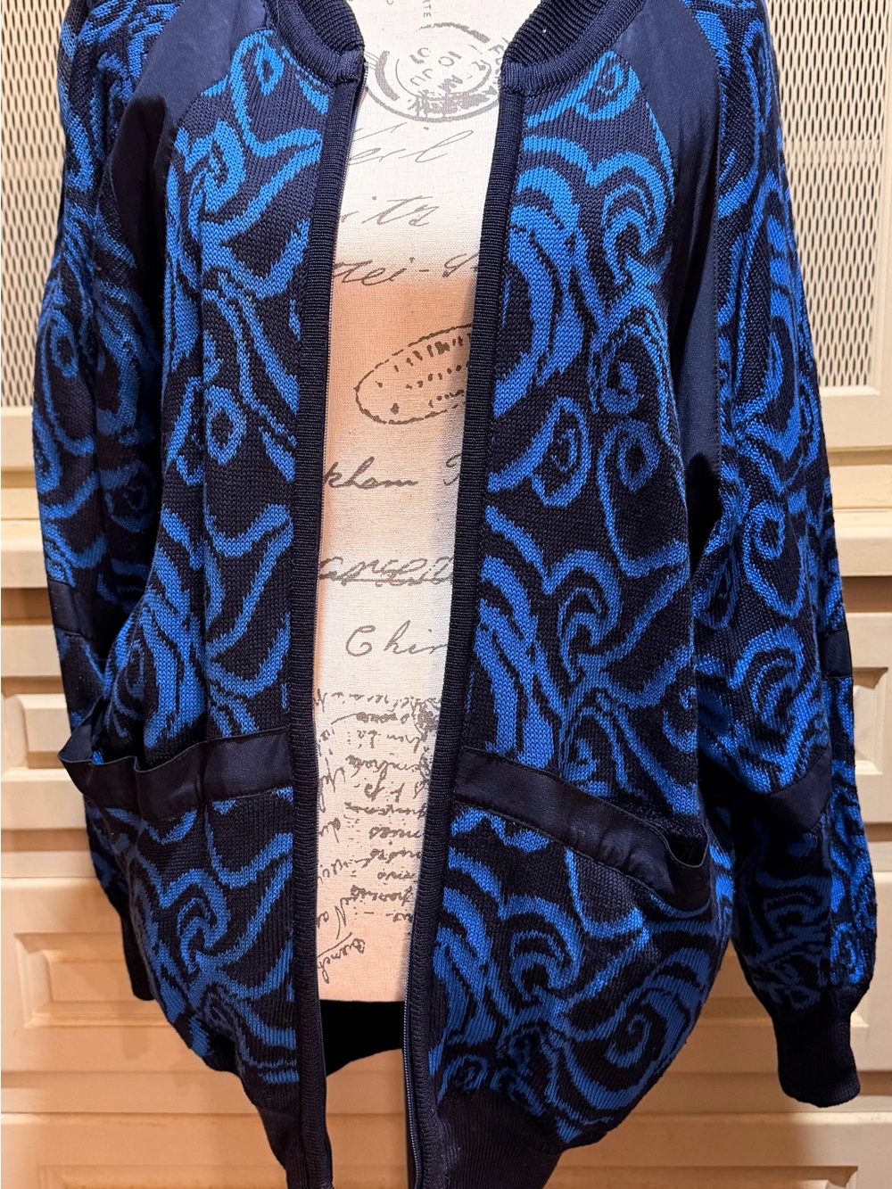 Vintage 80s Escada by Margaretha Ley Blue Baroque Knit Bomber Jacket Cardigan